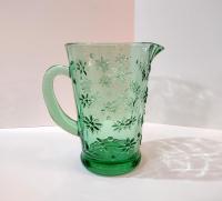 Vintage Green Daisy Pitcher, MCM Green Pressed Glass Pitcher with Raised Floral Design