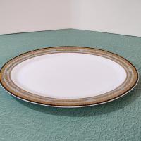 Vintage 14 Inch Oval Porcelain Serving Platter with Gold and Black Leaves Design