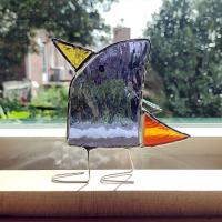 Stained Glass Standing Bird, Funky Purple and Orange Glass Bird Suncatcher, Bird Lover Gift, Windowsill Sitter