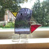 Stained Glass Standing Bird, Funky Glass Bird, Purple and Red Bird Suncatcher, Windowsill Free Standing Bird