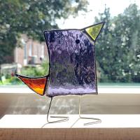 Stained Glass Standing Bird, Funky Glass Bird, Purple and Orange Bird Suncatcher, Windowsill Sitter