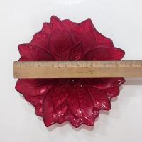 Vintage Red Glitter Glass Poinsettia Shaped Holiday Christmas Plate