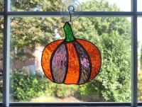 Pumpkin Stained Glass Suncatcher, Orange and Purple Cathedral Glass