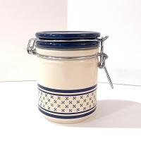 Vintage Blue and White Ceramic Jar Canister with Metal Wire Clamp Lid, Potpourri Press Kitchen Storage Canister