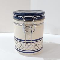 Vintage Blue and White Ceramic Jar Canister with Metal Wire Clamp Lid, Potpourri Press Kitchen Storage Canister