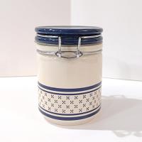 Vintage Blue and White Ceramic Jar Canister with Metal Wire Clamp Lid, Potpourri Press Kitchen Storage Canister
