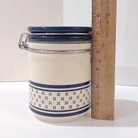 Vintage Blue and White Ceramic Jar Canister with Metal Wire Clamp Lid, Potpourri Press Kitchen Storage Canister