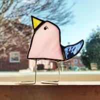 Stained Glass Standing Bird, Funky Glass Bird, Pink and Purple Bird Suncatcher, Windowsill Decor Free Standing Bird