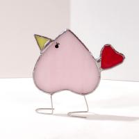 Stained Glass Love Bird Standing Bird, Pink and Red Heart Shaped Bird Suncatcher, Windowsill Free Standing Bird, Valentines Day Gift