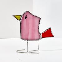 Stained Glass Standing Bird, Funky Glass Bird, Pink and Red Bird Suncatcher, Windowsill Free Standing Bird