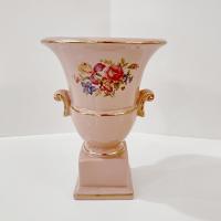 Vintage Pink Floral Ceramic Pedestal Vase, Princeton China MCM 1950's Flower Planter Pot