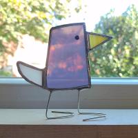 Stained Glass Standing Bird, Funky Glass Bird, Purple and Iridescent White Bird Suncatcher, Windowsill Sitter