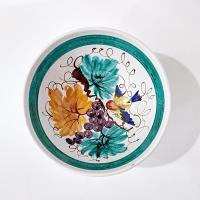 Vintage Hand Painted Italian Majolica Footed Ceramic Bowl with Bird, Grapes, and Floral Design, PV Peasant Village Italy Pottery