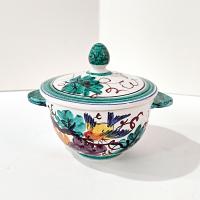 Vintage Hand Painted Italian Majolica Ceramic Covered Bowl, Bird, Grapes, and Floral Design, PV Peasant Village Italy Pottery, Sugar Bowl