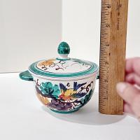 Vintage Hand Painted Italian Majolica Ceramic Covered Bowl, Bird, Grapes, and Floral Design, PV Peasant Village Italy Pottery, Sugar Bowl