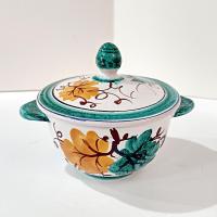 Vintage Hand Painted Italian Majolica Ceramic Covered Bowl, Bird, Grapes, and Floral Design, PV Peasant Village Italy Pottery, Sugar Bowl