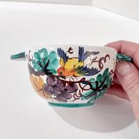 Vintage Hand Painted Italian Majolica Ceramic Covered Bowl, Bird, Grapes, and Floral Design, PV Peasant Village Italy Pottery, Sugar Bowl