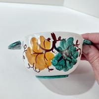 Vintage Hand Painted Italian Majolica Ceramic Covered Bowl, Bird, Grapes, and Floral Design, PV Peasant Village Italy Pottery, Sugar Bowl