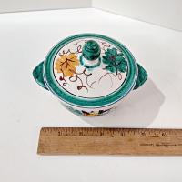 Vintage Hand Painted Italian Majolica Ceramic Covered Bowl, Bird, Grapes, and Floral Design, PV Peasant Village Italy Pottery, Sugar Bowl