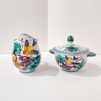 Vintage Hand Painted Italian Majolica Ceramic Covered Sugar and Creamer Pitcher Set, Bird Floral Motif