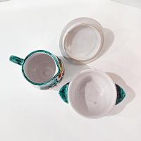 Vintage Hand Painted Italian Majolica Ceramic Covered Sugar and Creamer Pitcher Set, Bird Floral Motif