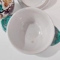 Vintage Hand Painted Italian Majolica Ceramic Covered Sugar and Creamer Pitcher Set, Bird Floral Motif
