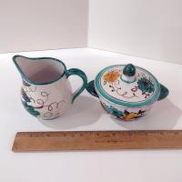 Vintage Hand Painted Italian Majolica Ceramic Covered Sugar and Creamer Pitcher Set, Bird Floral Motif