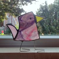 Stained Glass Standing Bird, Funky Glass Bird, Purple and Pink Bird Suncatcher, Windowsill Free Standing Bird