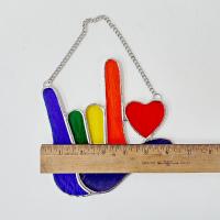 ASL I Love You Stained Glass Suncatcher, Rainbow Glass Hand with Heart, Sign Language Love Deaf Hearing Impaired Gift