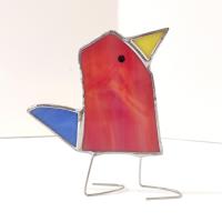 Stained Glass Standing Bird, Funky Glass Bird, Red and Blue Bird Suncatcher, Windowsill Sitter Free Standing Bird