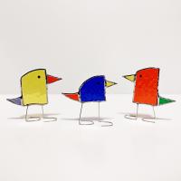 Rainbow Stained Glass Standing Birds, Set of Three, Blue, Orange, and Yellow Glass Birds