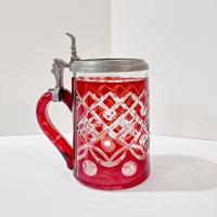Vintage Czech Bohemian Ruby Red Flashed Cut to Clear Glass Beer Stein with Pewter Hinged Lid