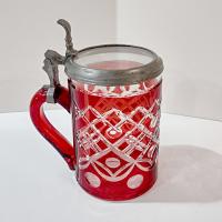 Vintage Czech Bohemian Ruby Red Flashed Cut to Clear Glass Beer Stein with Pewter Hinged Lid