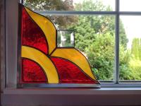 Stained Glass Corner Piece, Red and Gold Glass with Clear Bevel Prism