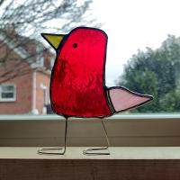 Stained Glass Standing Bird, Funky Glass Bird, Red and Pink Bird Suncatcher, Windowsill Free Standing Bird