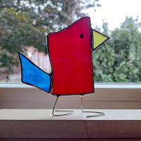 Stained Glass Standing Bird, Funky Glass Bird, Red and Blue Bird Suncatcher, Windowsill Free Standing Bird