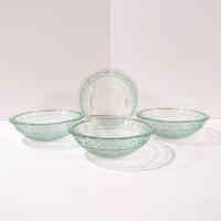 Vintage Green Recycled Glass Bowls with Embossed Daisy Flower Design, Set of Four