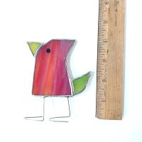 Stained Glass Standing Bird, Funky Red and Green Glass Bird Suncatcher, Bird Lover Gift