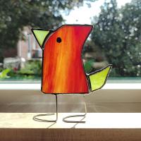 Stained Glass Standing Bird, Funky Red and Green Glass Bird Suncatcher, Bird Lover Gift