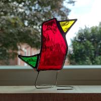Stained Glass Standing Bird, Funky Glass Bird, Red and Green Bird Suncatcher, Windowsill Free Standing Bird