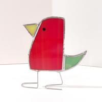 Stained Glass Standing Bird, Funky Red and Green Glass Bird Suncatcher, Bird Lover Gift, Windowsill Sitter
