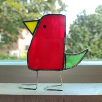 Stained Glass Standing Bird, Funky Red and Green Glass Bird Suncatcher, Bird Lover Gift, Windowsill Sitter