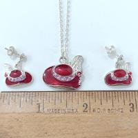 Vintage Red Hat Society Enamel and Rhinestone Pendant and Earrings Set