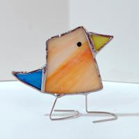 Stained Glass Standing Bird, Funky Orange and Blue Glass Bird Suncatcher, Bird Lover Gift