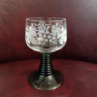 Vintage Green Roemer Wine Glasses with Etched Grapevine Design, Set of 6