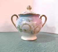 Antique Hand Painted Covered Sugar Bowl with Roses Design and Gold Trim, Bavaria Prince Regent Germany LDBCo