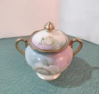 Antique Hand Painted Covered Sugar Bowl with Roses Design and Gold Trim, Bavaria Prince Regent Germany LDBCo