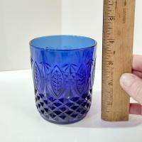 Vintage Arcoroc Avon Royal Sapphire Blue Old Fashioned Whisky Lowball Glasses, Set of Four, Cobalt Blue Drinking Glasses with Diamond Leaf Pattern
