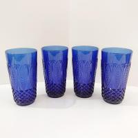 Vintage Arcoroc Avon Royal Sapphire Blue Flat Tumblers, Set of Four, Cobalt Blue Drinking Glasses with Diamond Leaf Pattern