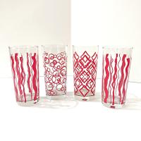 Vintage MCM Red and White Geometric and Wavy 16 Ounce Glass Tumblers, Set of 4, Retro Barware